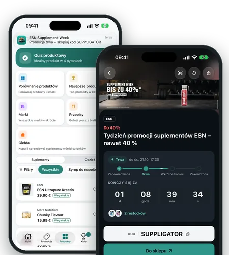 Aplikacja Suppligator na iPhonie: powiadomienie o starcie promocji i trwająca promocja z odliczaniem i kodem SUPPLIGATOR