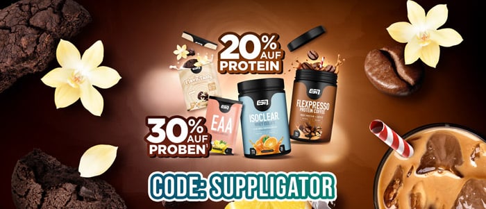20% zniżki na wszystkie produkty białkowe i 30% na próbki w ESN + bezpłatna dostawa przy zamówieniu powyżej 35 €