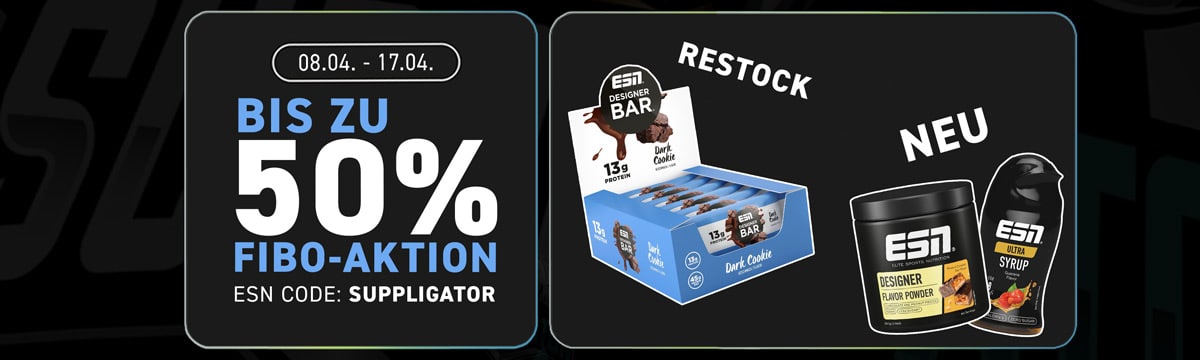 Promocja ESN FIBO z rabatem do 50% i najpopularniejszymi produktami, które ponownie pojawiły się w sprzedaży, takimi jak Designer Bar Dark Cookie